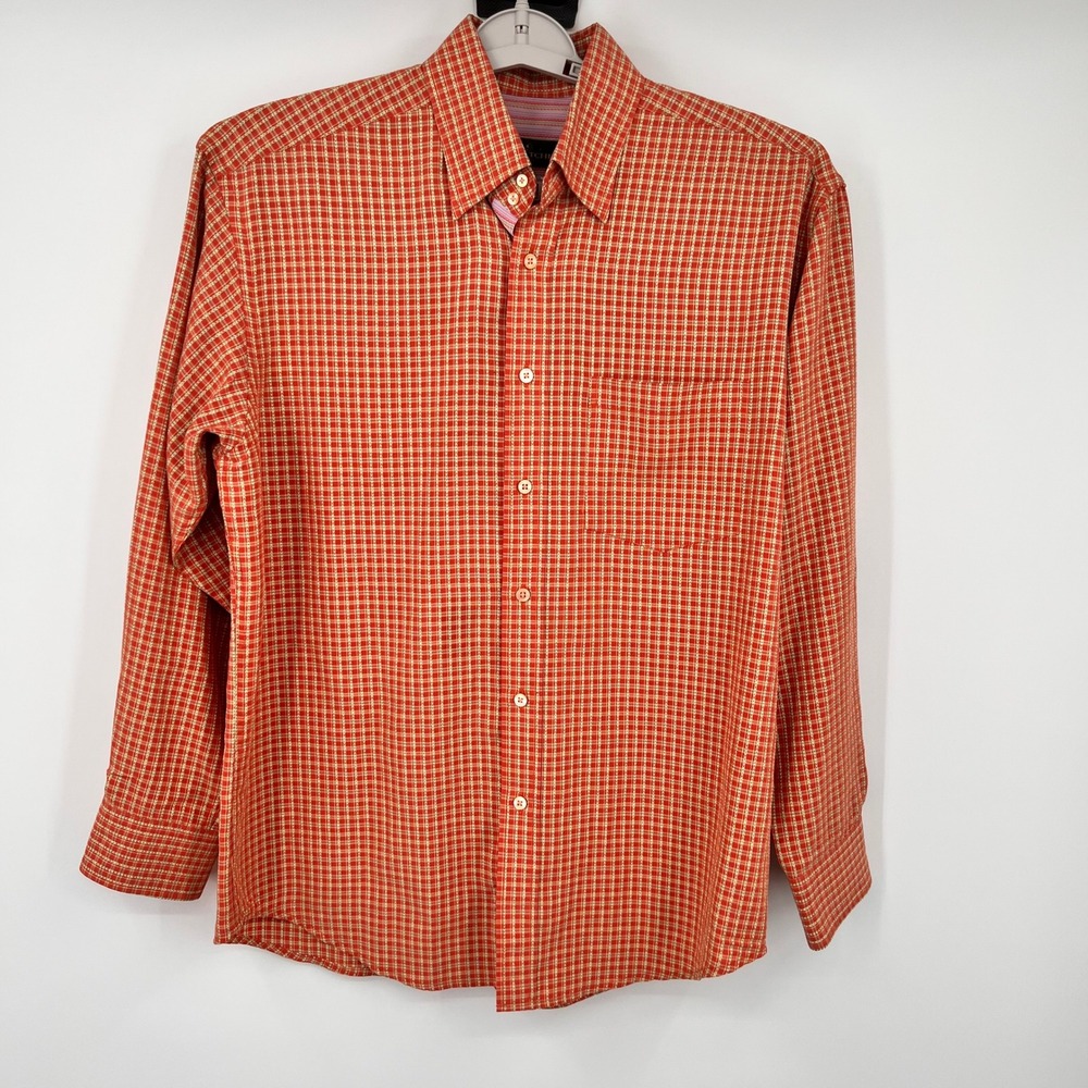 Bugatchi Uomo Mens Orange Plaid Long Sleeve Button Down Shirt Size M Modal Blend